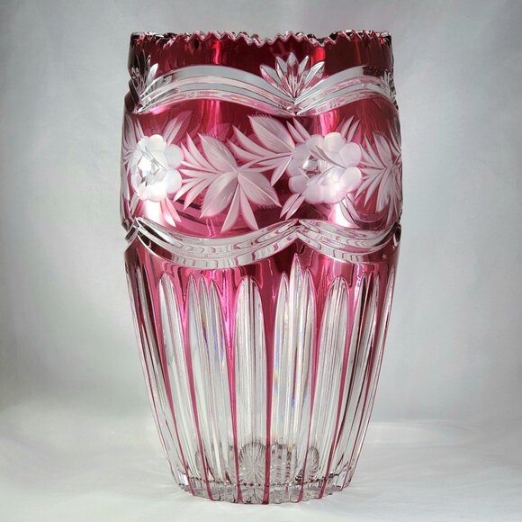 Vintage Bohemian Czech Cranberry Red Cut to Clear Crystal Vase Floral Design 10" - Picture 1 of 10